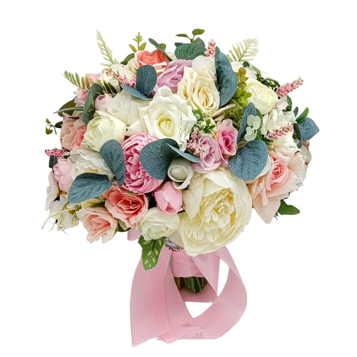 Buchet mireasanasa, model deosebit cu flori de matase, alb roz FEIS312022 (1)