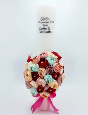 Lumanare Botez personalizata si decorata cu flori de matase – FEIS312010