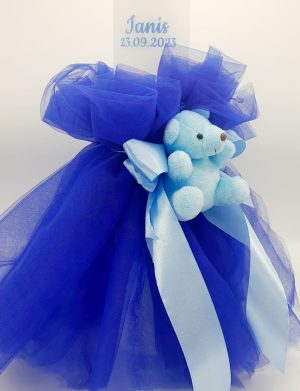 Lumanare botez baietel, personalizata, cu tulle si ursulet albastru – FEIS312001