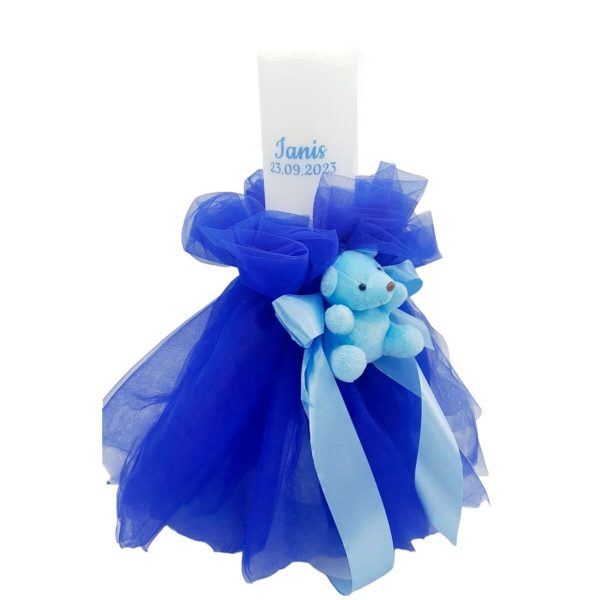 Lumanare botez baietel, personalizata, cu tulle si ursulet albastru FEIS312001 (1)