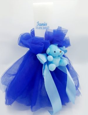 Lumanare botez baietel, personalizata, cu tulle si ursulet albastru – FEIS312001