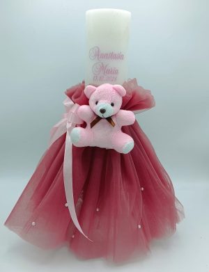 Lumanare botez fetita, personalizata, cu tulle si ursulet roz – FEIS312002