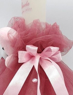 Lumanare botez fetita, personalizata, cu tulle si ursulet roz – FEIS312002
