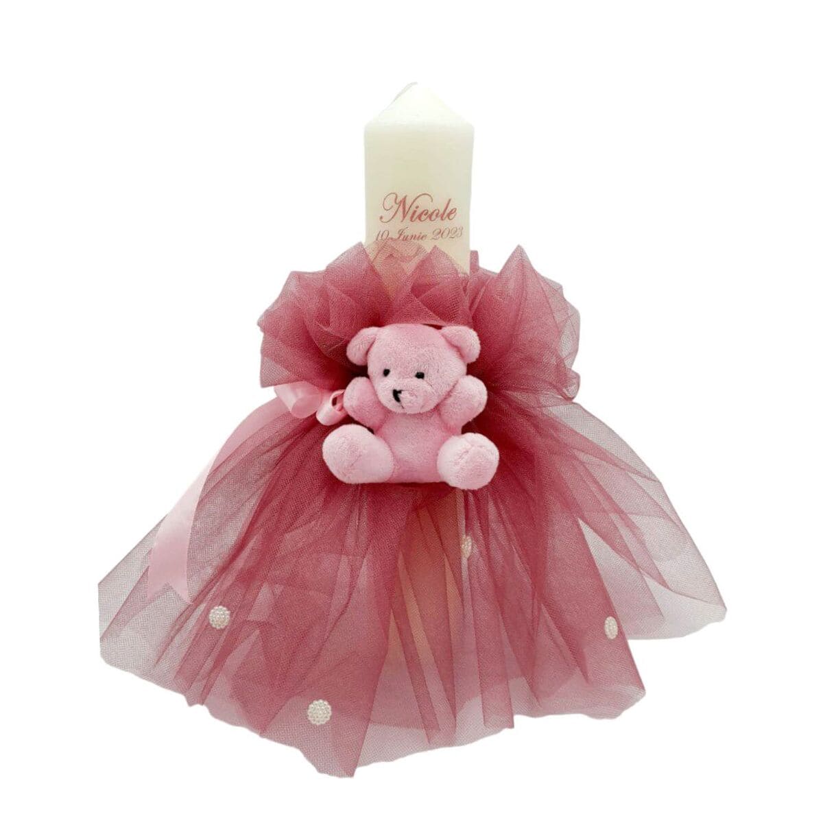 Lumanare botez fetita, personalizata, cu tulle si ursulet roz FEIS312002 (1)