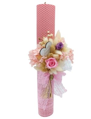 Lumanare botez personalizata, ceara naturala si aranjament floral, nuante de roz FEIS312011 (1)