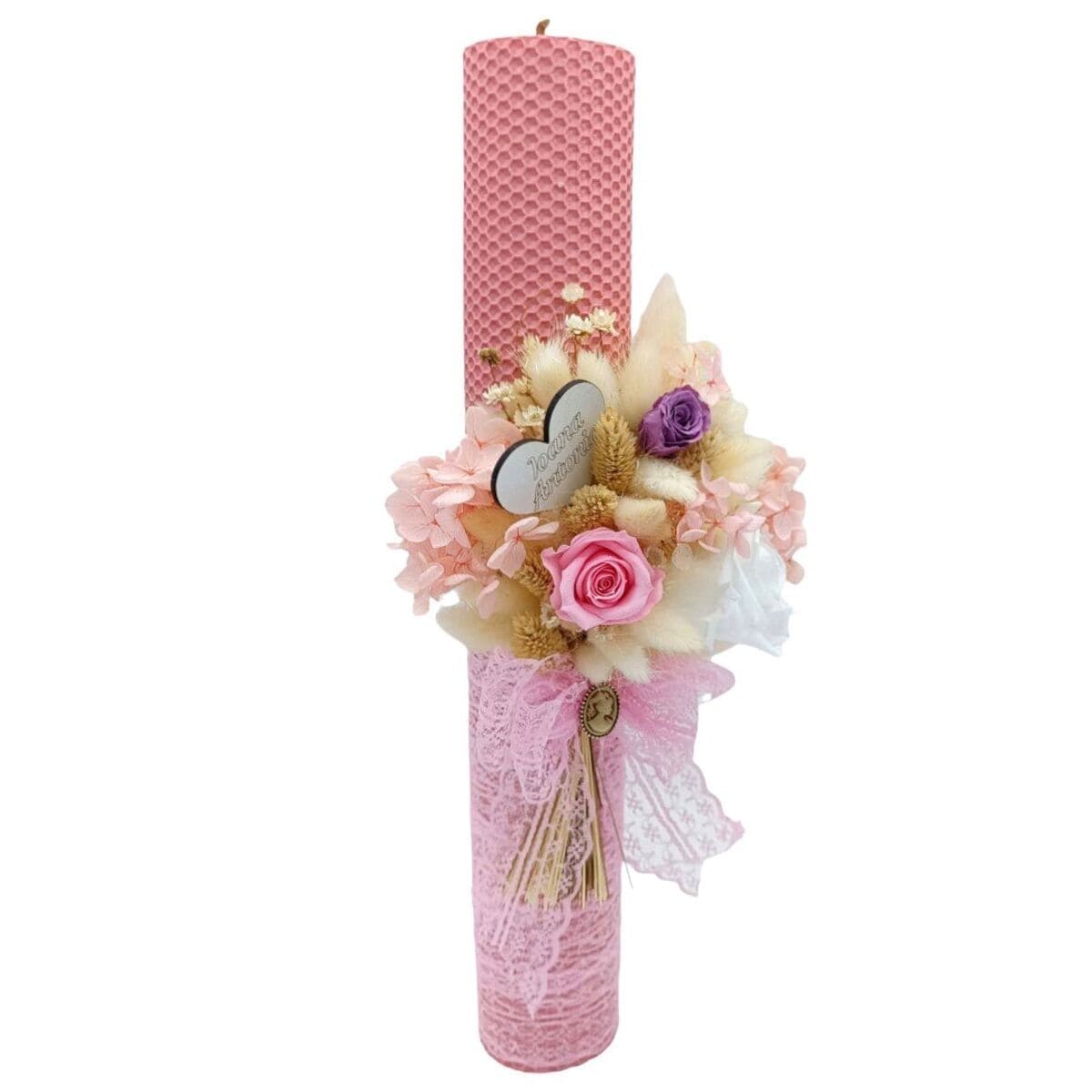 Lumanare botez personalizata, ceara naturala si aranjament floral, nuante de roz FEIS312011 (1)
