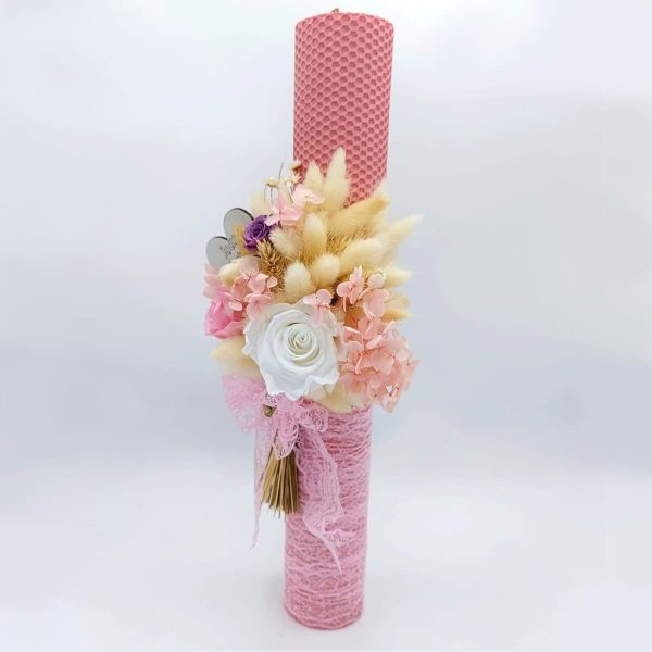 Lumanare botez personalizata, ceara naturala si aranjament floral, nuante de roz FEIS312011 (2)