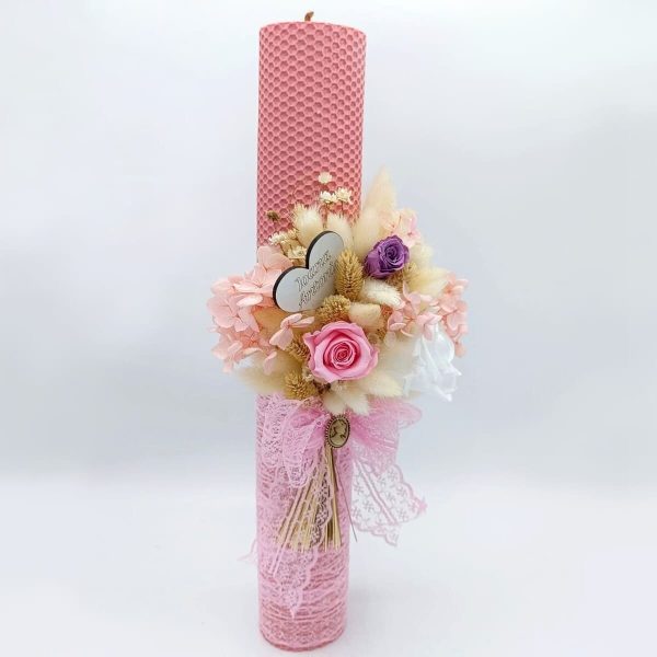 Lumanare botez personalizata, ceara naturala si aranjament floral, nuante de roz FEIS312011 (3)