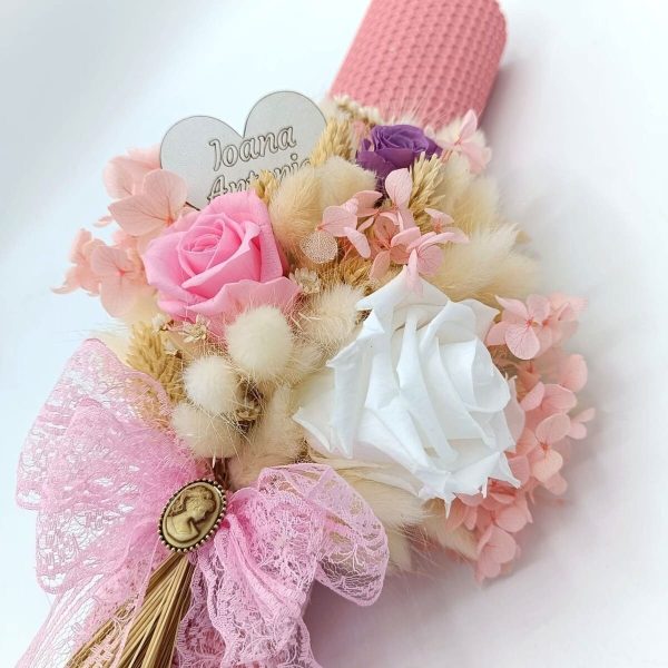 Lumanare botez personalizata, ceara naturala si aranjament floral, nuante de roz FEIS312011 (5)