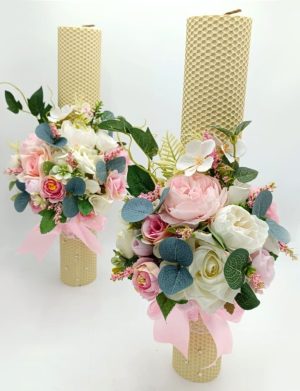Lumanare nunta, model deosebit cu flori de matase, tematica roz&alb – FEIS312020