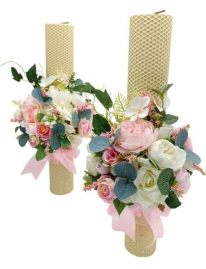 Lumanare nunta, model deosebit cu flori de matase, tematica roz&alb – FEIS312020