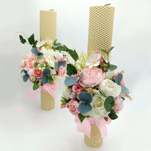 Lumanare nunta, model deosebit cu flori de matase, tematica roz&alb FEIS312020 (1)
