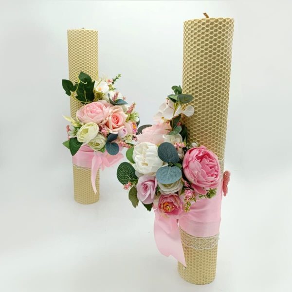Lumanare nunta, model deosebit cu flori de matase, tematica roz&alb FEIS312020 (2)