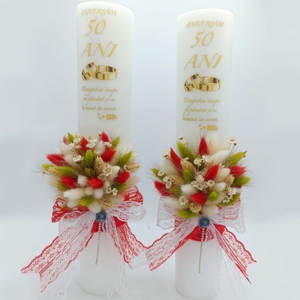 Set 2 lumanari Nunta de Aur + buchet mireasa + cocarda, cu flori uscate multicolore FEIS312007 (3)