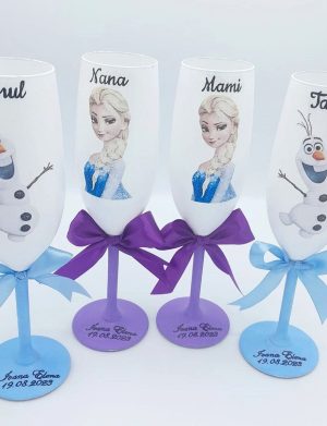 Set 4 pahare botez pentru parinti & nasi, model Elsa si Olaf personalizat – FEIS312016