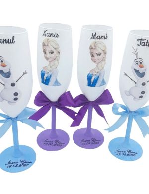 Set 4 pahare botez pentru parinti & nasi, model Elsa si Olaf personalizat FEIS312016