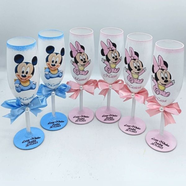 Set 6 pahare personalizate botez mama, 2 perechi nasi+nasica, model Mickey & Minnie FEIS312015