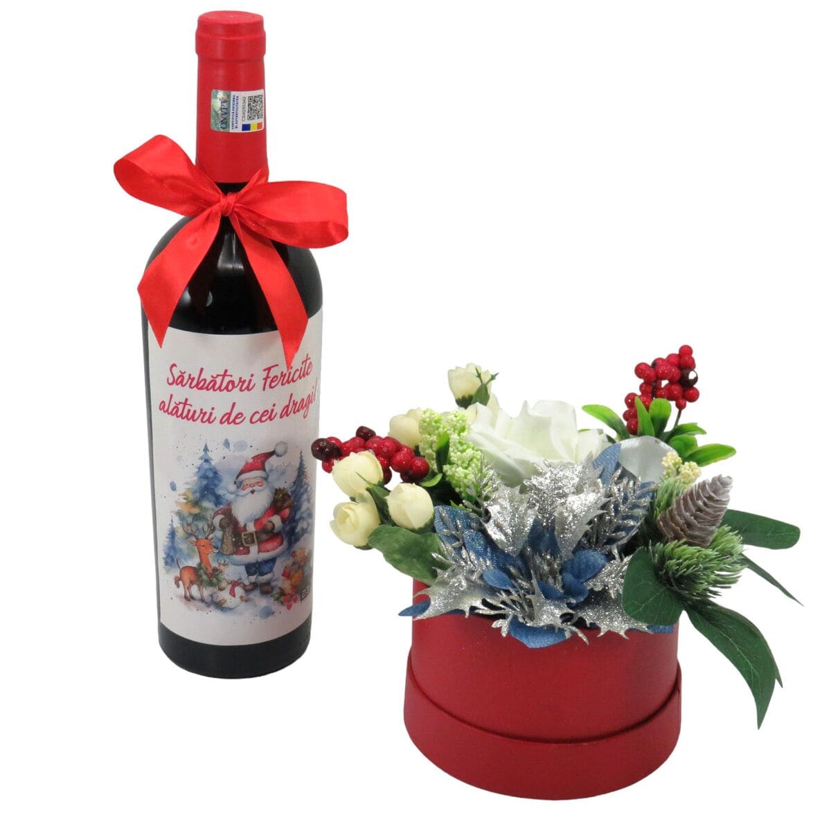 Set cadou Craciun, aranjament floral si sticla vin Sarbatori Fericite 4 ILIF312015 (2)