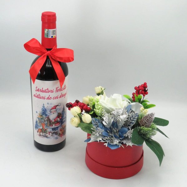 Set cadou Craciun, aranjament floral si sticla vin Sarbatori Fericite 4 ILIF312015 (3)