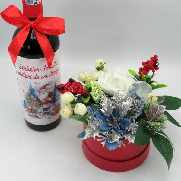 Set cadou Craciun, aranjament floral si sticla vin Sarbatori Fericite 4 ILIF312015 (5)