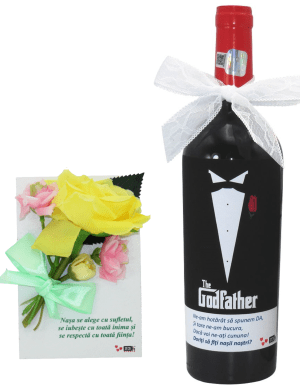 Cadou pentru nasi, Sticla vin personalizata si placuta lemn decorata cu flori si mesaj – ILIF401009