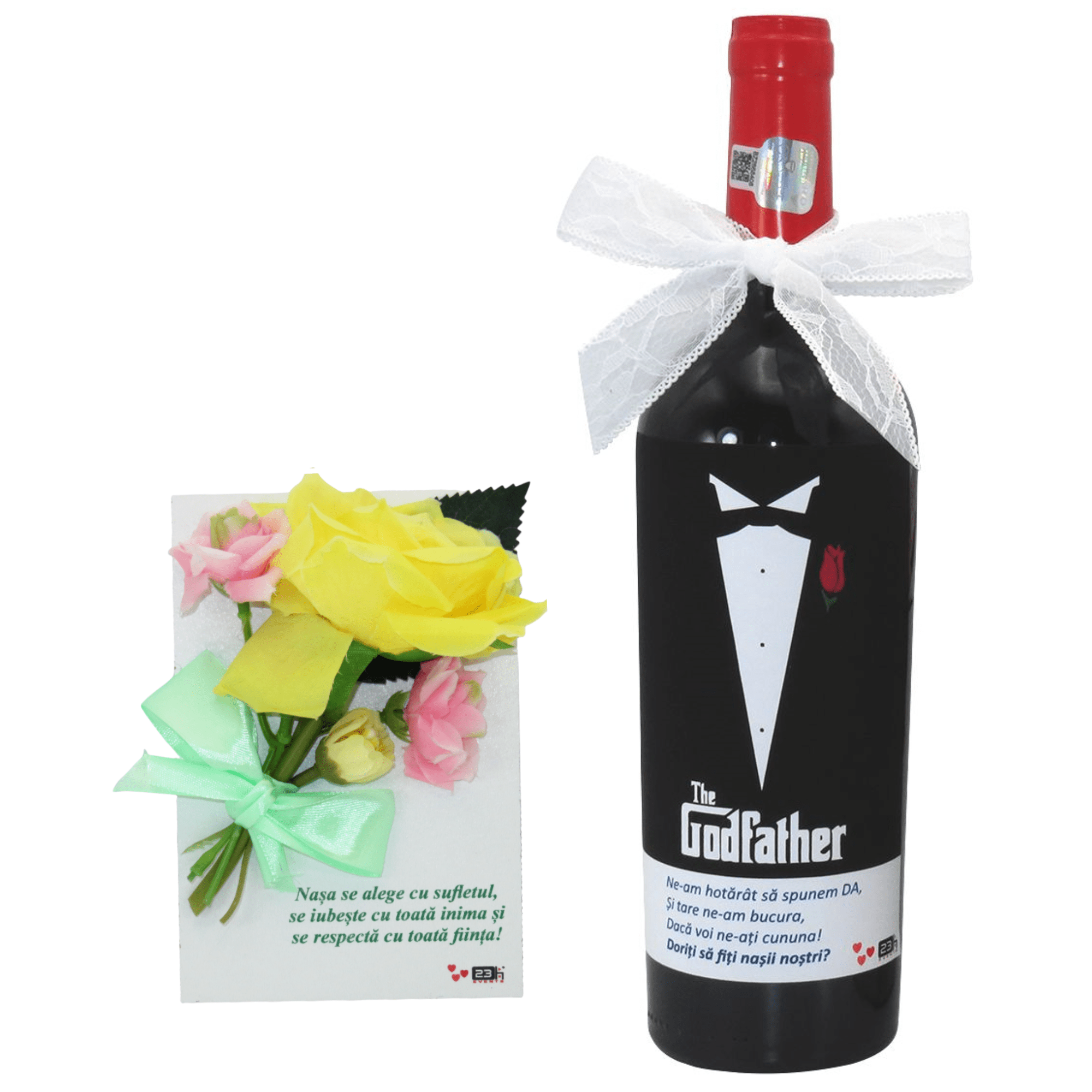 Cadou pentru nasi, Sticla vin personalizata si placuta lemn decorata cu flori si mesaj ILIF401009