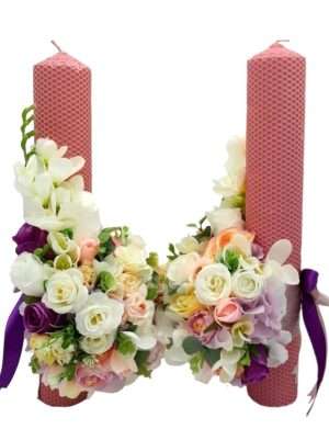 Lumanare nunta din ceara naturala, model deosebit cu flori de matase, Frezii Albe FEIS401053 (1)