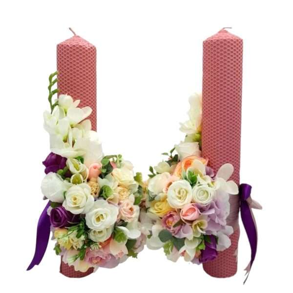 Lumanare nunta din ceara naturala, model deosebit cu flori de matase, Frezii Albe FEIS401053 (1)