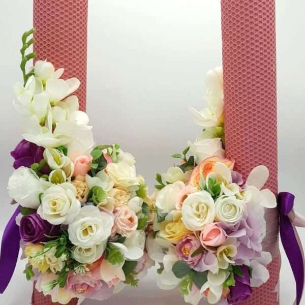 Lumanare nunta din ceara naturala, model deosebit cu flori de matase, Frezii Albe FEIS401053 (2)
