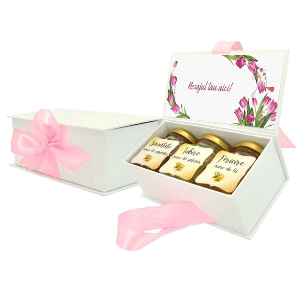 Cadou dulce, cutie cu 3 borcanele de miere si mesaj personalizabil, tematica Martie (8)