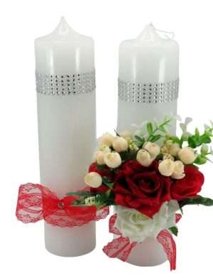Lumanare Nunta decorata, flori de matase – rosu – ILIF402031