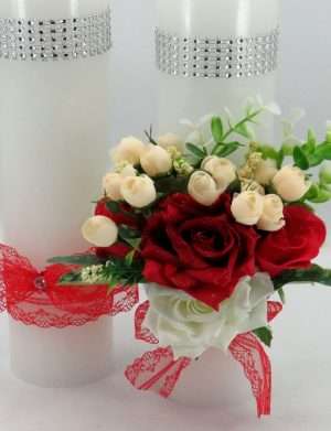 Lumanare Nunta decorata, flori de matase – rosu – ILIF402031