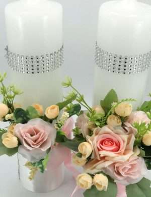 Lumanare Nunta decorata, flori de matase roz – ILIF402030