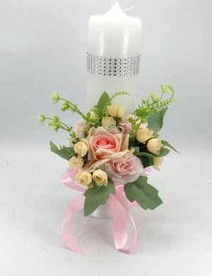 Lumanare Nunta decorata, flori de matase roz – ILIF402030