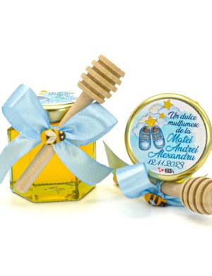 Mărturii dulci cu miere, model Aventură, culoare bleo – Papucei, borcan 50 gr – DSBC402002