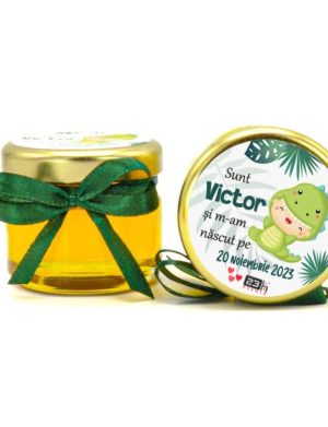 Marturii dulci cu miere, model handmade Iubire – verde Dinozaur, borcan 30 gr – DSBC402008