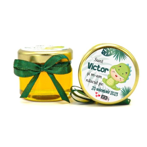 Marturii dulci cu miere, model handmade Iubire - verde Dinozaur, borcan 30 gr - DSBC402008