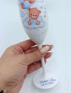 Set 3 pahare botez pentru parinti & Nanuta, model Blue Baby Bear personalizat – FEIS402023