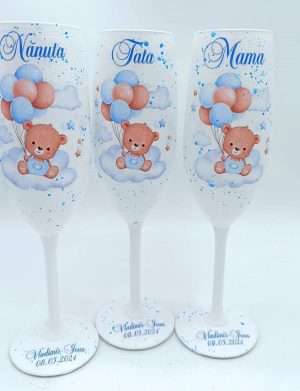 Set 3 pahare botez pentru parinti & Nanuta, model Blue Baby Bear personalizat – FEIS402023
