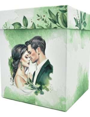 Cutie dar (bani) Nuntă, nepersonalizata, design verde cu miri, dim. 21x21x26 cm – MIBC401003