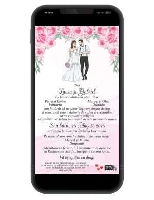 Invitație digitală nunta, personalizată cu miri si flori roz – MIBC401004