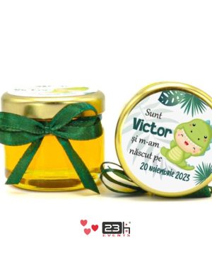 Marturii dulci cu miere, model handmade Iubire – verde Dinozaur, borcan 30 gr – DSBC402008