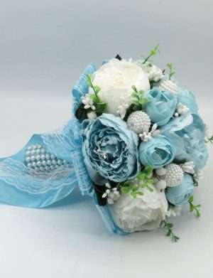 Buchet mireasa cu flori de matase, Aqua, bleu&alb – ILIF403047