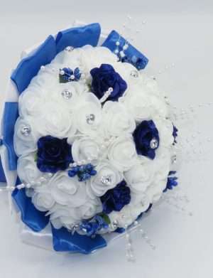 Buchet mireasa cu flori de spuma, albastru si alb – ILIF403054