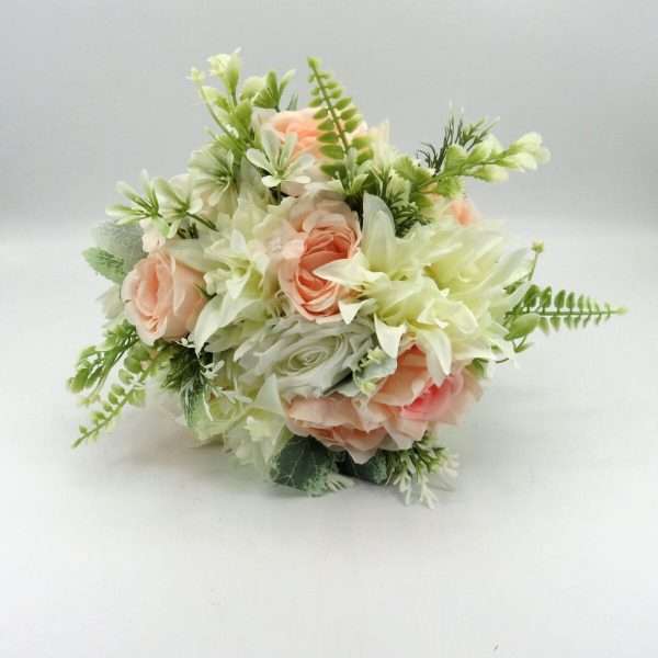 Buchet mireasanasa cu flori de matase, verde, piersiciu & alb – ILIF403006 (4)