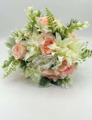 Buchet mireasa/nasa cu flori de matase, verde, piersiciu & alb – ILIF403006