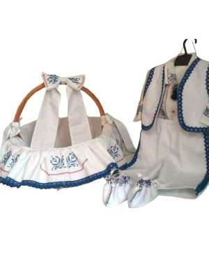 Costumas traditional pentru botez + cosulet de cadouri, albastru – LLDJ403017