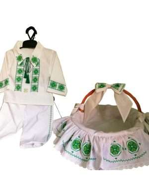 Costumas traditional pentru botez + cosulet de cadouri, verde – LLDJ401001