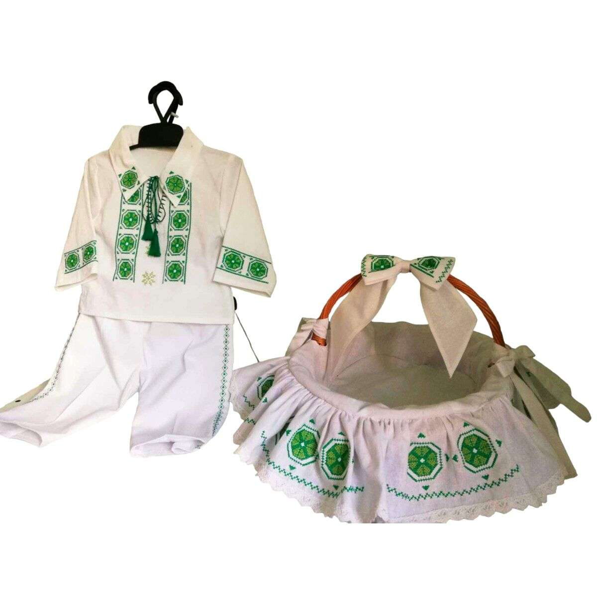 Costumas traditional pentru botez + cosulet de cadouri, verde LLDJ401001