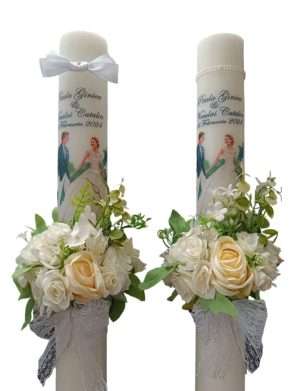 Lumanare Nunta imprimata, personalizata si decorata cu flori de matase – FEIS403005